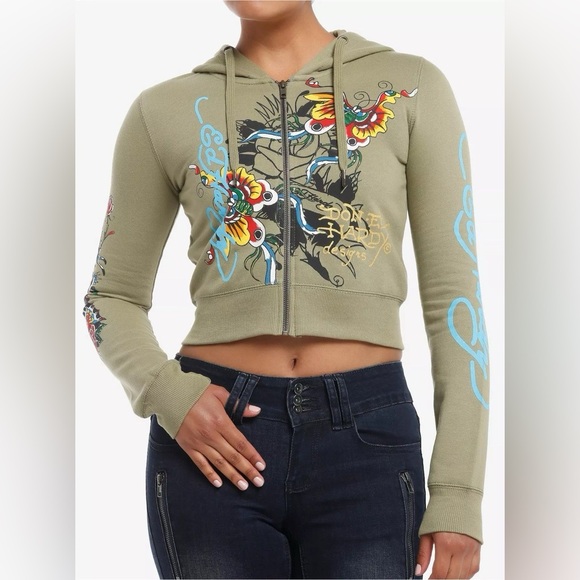 Ed Hardy Tops - Ed Hardy Butterfly & Rose Crop Girls Hoodie Size Largre